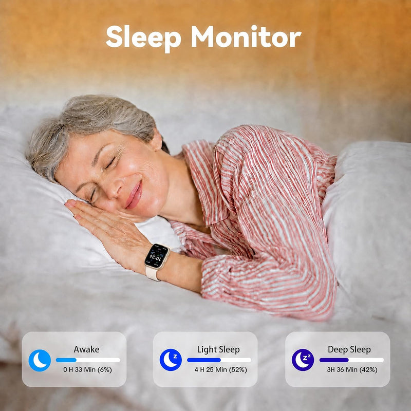 Smart Watch Senior Friendly No App No Phone Required, Waterproof Pedometer | Present for Parents, Waterproof Fitness Tracker, Step Counter, Heart rate Monitor, Sleep Tracker, Alarm Clock, Stopwatch Almond