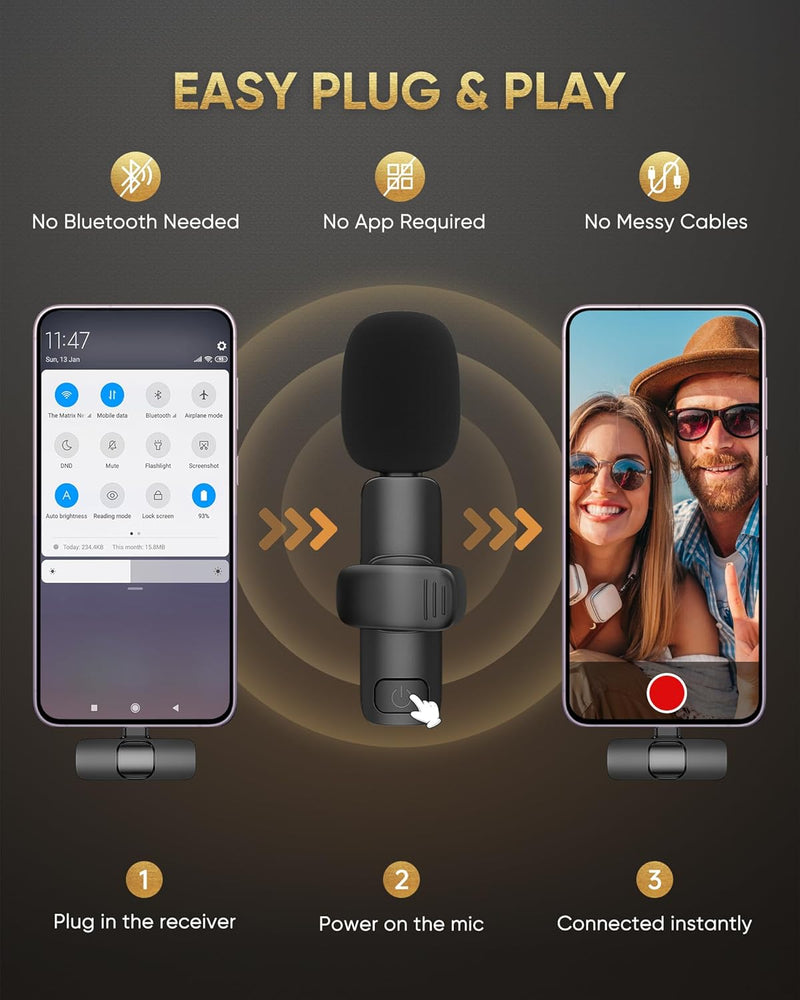 Wireless Lavalier Microphone for Android/iPhone/Computer/Laptop, Wireless Mic for iPhone15 with Noise Reduction Chip, Mini Microphone for Recording Podcast YouTube, TikTok(2 Pack)