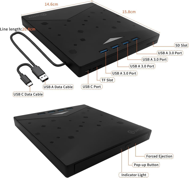 [AUSTRALIA] - External CD/DVD Drive for PC, Portable 7 in1 USB 3.0 CD Drive External Usb, CD Reader for PC CD Burner with 4 USB Ports and TF/SD Card Slots, External Dvd Burner for Windows 11/10/8/7/XP/Linux/MacOS 7 in 1 