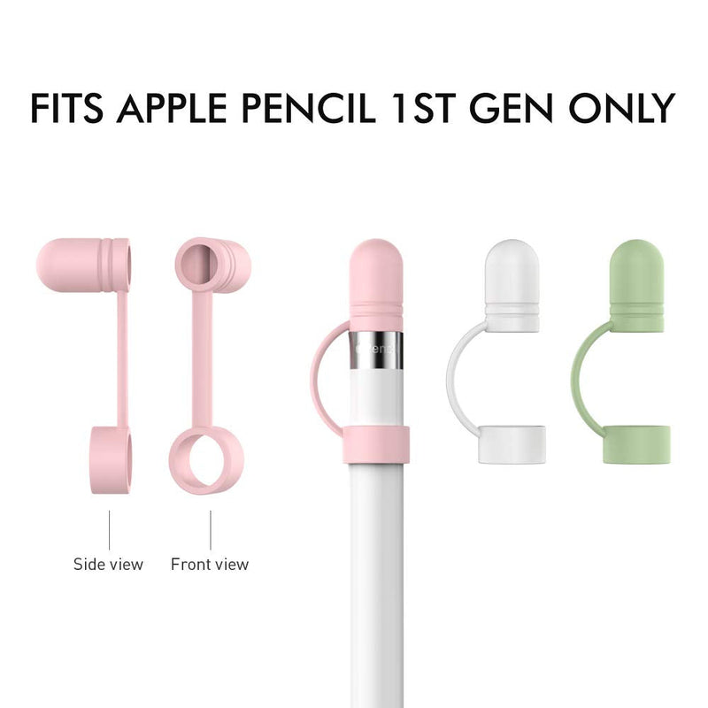 AhaStyle 3 Pack Cap Replacement Holder with Anti-Lost Strap Silicone Protective Cap Cover for Apple Pencil 1st Generation(White, Pink, Avocado Green) White, Pink, Avocado Green