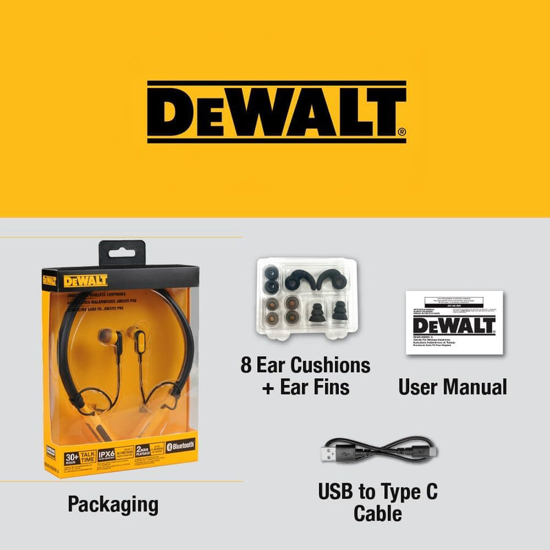 DEWALT Heavy Duty Bluetooth Neckband Headphones, Wireless Around The Neck Earbuds w/ 30H Runtime + Noise Isolation, Secure Magnetic Wireless Earbuds, Jobsite Pro Built-in Mic Bluetooth Headsets Yellow