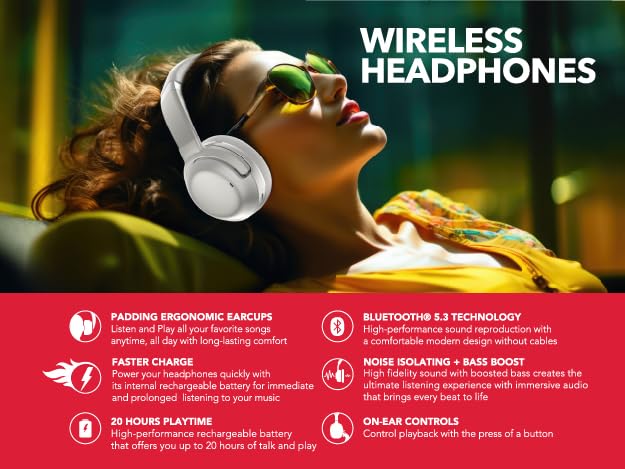 TOPTECH RCA WAVE-76 Noise Cancelling Headphones, Wireless Bluetooth 5.4 Over Ear Headphones with 40mm Drivers, 25-Hour Playtime, USB-C Charging, Adjustable Headband SILVER