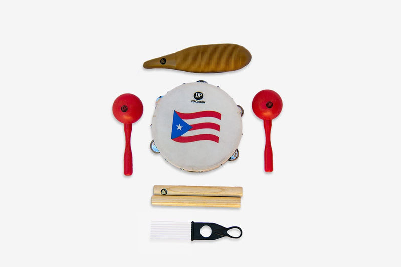 [AUSTRALIA] - DP Music Parranda Kit Percussion with Carrying Bag - Puerto Rico Flag 8 Inches Tambourine - Claves - Plastic Güiro & Maracas (Maracas Red) Maracas Red 