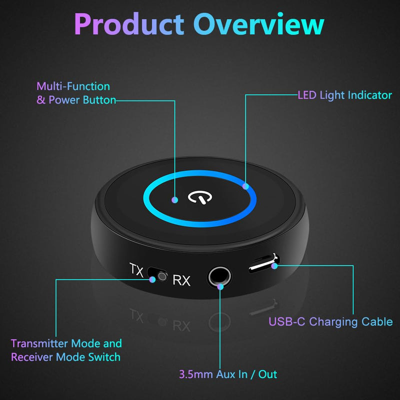 [AUSTRALIA] - Golvery Bluetooth 5.3 Transmitter Receiver for TV/Airplane, 2 in 1 Wireless Flight Adapter, Support 2 Wireless Headphones, 3.5mm Aux Audio and RCA Jack Adapter for PC, Home Stereo 