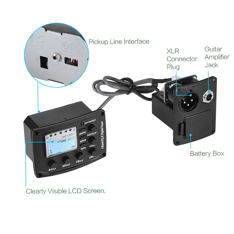Acoustic Guitar 4-Band EQ Equalizer Tone and Volume Amplifier Preamp Piezo Pickup 6.35mm XLR with Pitch Note Notch Function Clear LCD Display