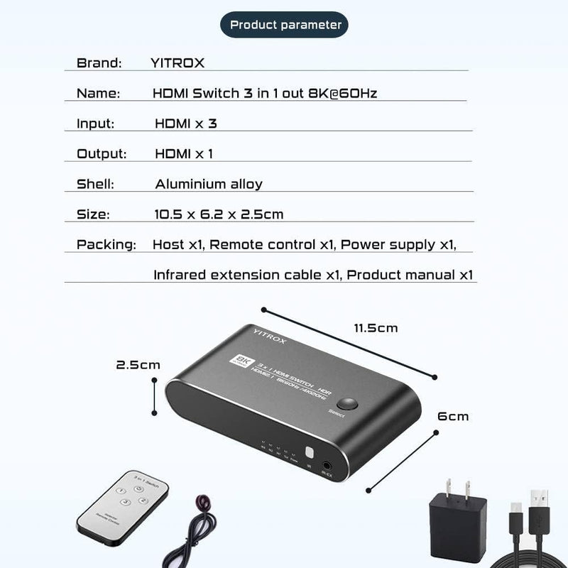 8K 120Hz HDMI Switch 3 in 1 Out, HDMI Splitter, HDMI 2.1 Switch, HDMI Selector 48G HDR 10+ Dolby Atmos with Remote, Compatible with PS4/PS5, Xbox, Fire Stick, Apple TV, Roku, HD TV………