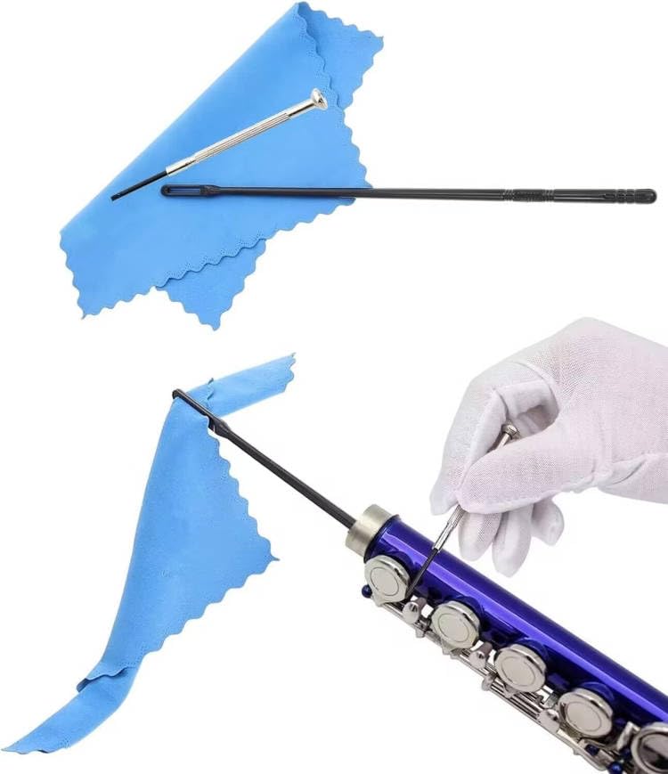Flute Cleaning Kit Include 1pc Cotton Cleaning Brush, Flute Swab, Double-End Dust Brush,Flute Cleaning Rod, Screwdriver for Flute Repairing,Cork Grease, a Pair Cotton Gloves, 1pc Flute Cleaning Cloth white