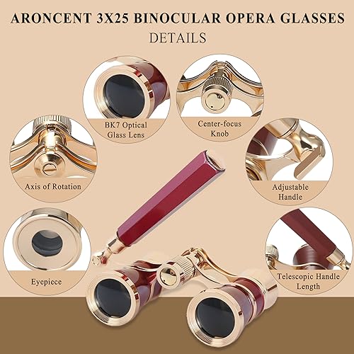 Aroncent Opera Glasses Binoculars 3X25 Theater Glasses Mini Binocular Compact with Handle for Adults Ladies Women in Musical Concert B-Red with Handle