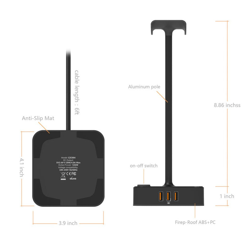 Headphone Stand with USB Charger COZOO Desktop Gaming Headset Holder Hanger with 3 USB Charger and 2 Outlets - Suitable for Gaming, DJ, Wireless Earphone Display (Black) 1.Black