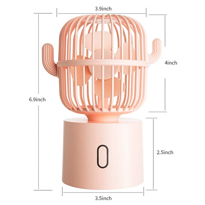 Small Desktop USB Table Desk Fan Personal Fan, Cactus Mini Handheld Rechargeable 80 Degree Auto Rotation Portable Fans, 3 Speeds Strong Wind, Quiet Operation Fan for Girls Baby Room Home Office Pink