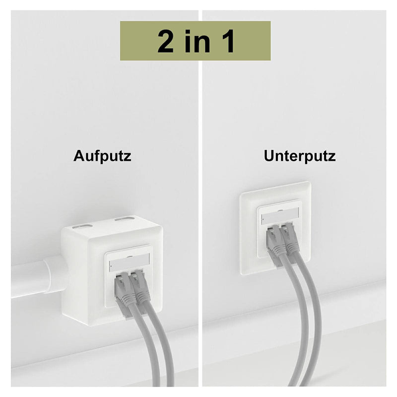 VCELINK Universal Network Socket Cat6A, 2 x RJ45 Port LAN Socket, Data Socket Surface-Mounted or Flush-Mounted - Shielded, 10 Gigabit Ethernet Network RJ45 Socket, POE, CAT7 CAT6 CAT5, White 2 port - 1 piece