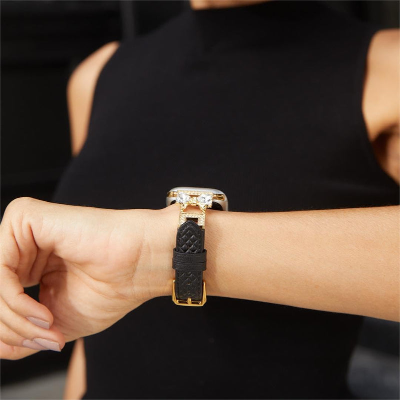 Diamond Bowknot Grainy Genuine Leather Watch Band, Compatible with Apple Watch Series 11/10/9/8/7/6/5/4/3/2/1/Ultra/SE, for 38/40/41/42/44/45/49/46mm, Dreesy Strap Black & Gold 42(Series 10-11)/38/40/41mm