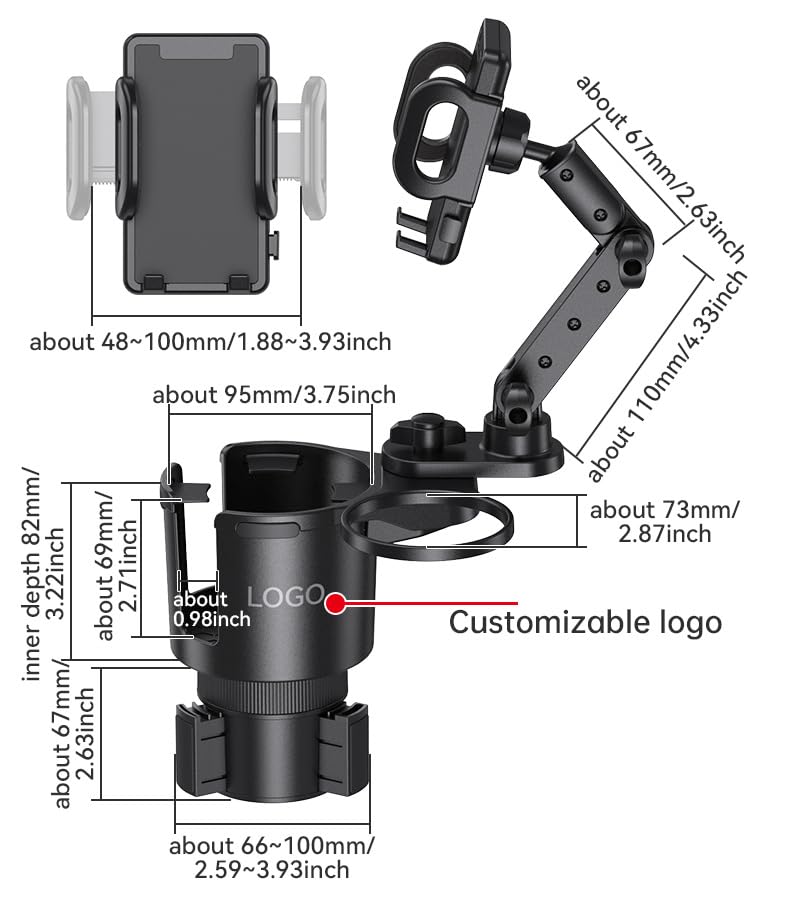 Car Phone Holder with Cup Holder Mount, 2 in 1 Universal Cup Holder Expander Adjustable Base with Phone Mount, Long Adjustable Arm with 360°Rotation Cup Holder ，Compatible with All Smartphones，Black