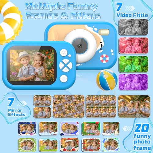Kids Camera Waterproof, IP68 Underwater Camera for Kids Aged 3-12, HD Kids Digital Camera with 1080P Video Recording, Durable ABS Material, Pool Toys for Boys Girls with 32GB Card(Blue) Blue