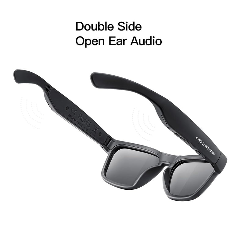 OhO sunshine Bluetooth Audio Sunglasses, Lightweight Open Ear Sport Glasses, 10H Playtime, Water Resistant with Voice Control Black
