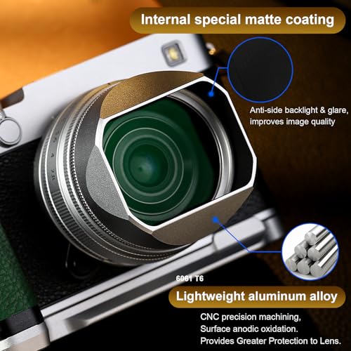 Haoge Metal Squaret Lens Hood for Fujifilm X-E5 & XF 23mm f2.8 Set Fujinon XF27mmF2.8 R WR Lense 39mm Screw-in Hood Black,with Metal Cap, on XE5 Camera Body Kit