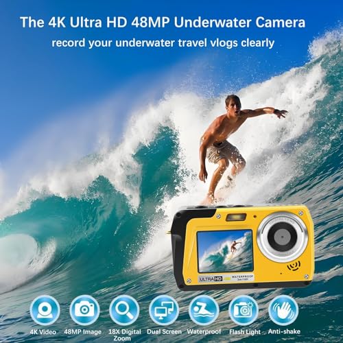 4K Underwater Camera, Full HD 4K&48MP Compact, 10FT Waterproof Camera for Snorkeling, Surfing, Rafting, Dual-Screen for Selfie/16X Digital Zoom/Fill Light/Support 128GB （Yellow） Yellow