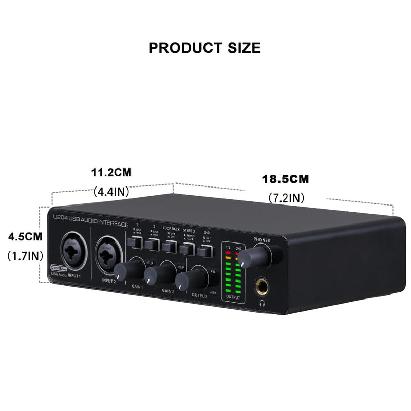 BOMGE U204 USB Audio Interface for PC Computer Recording Music, 2x2 Guitar Audio Interface for Mac 32Bit/192kHz Podcasting Streaming for Vocalist Producer with 48V Phantom