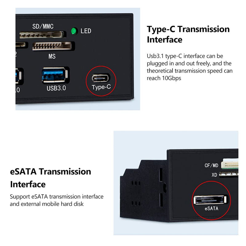 ASHATA Front Panel Hub 11 Port PC Front Panel with USB 3.0 Ports USB 3.1 eSATA Port and 6 Card Slots Built in Card Reader Support M2 MSO Memory MS XD 64G CF Card Fits Any 5.25” Computer Case Front Bay USB 11 Ports Panel