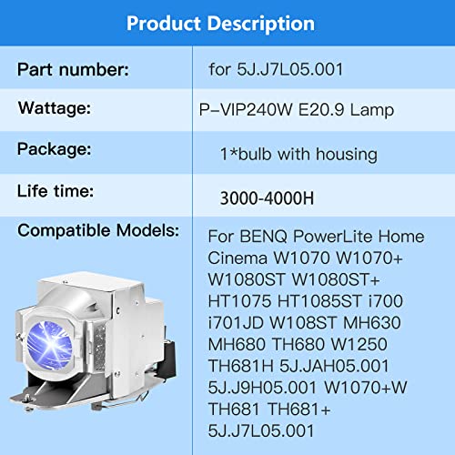 5J.J7L05.001 W1070 Projector Lamp Bulb for BENQ PowerLite Home Cinema W1070 W1070+ W1080ST W1080ST+ HT1075 HT1085ST i700 i701JD W108ST MH630 MH680 TH680 W1250 TH681H 5J.JAH05.001 5J.J9H05.001
