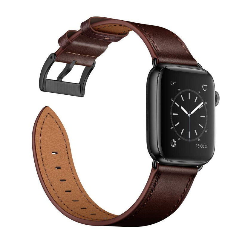 OUHENG Compatible with Apple Watch Band Genuine Leather Replacement Strap 49mm 45mm 44mm 42mm Dark Brown & Orange