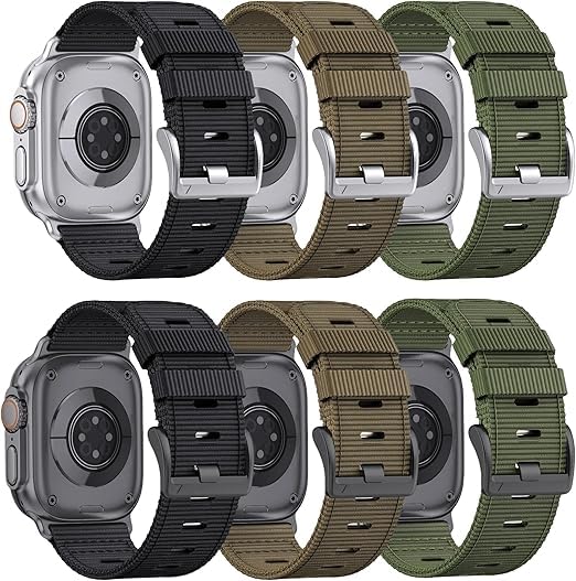 Nylon Watch Band for Apple Watch Ultra 3/2/1 Band 49mm 46mm 45mm 44mm 42mm(Series 1 2 3), Adjustable Breathable iWatch Straps for Apple Watch Ultra Bands for Men 11/10/9/8/7/6/SE/5/4/3/2/1（3 Pack: Black+Khaki+Green (Black buckle), 44/45/46/49/42 mm(Ser...
