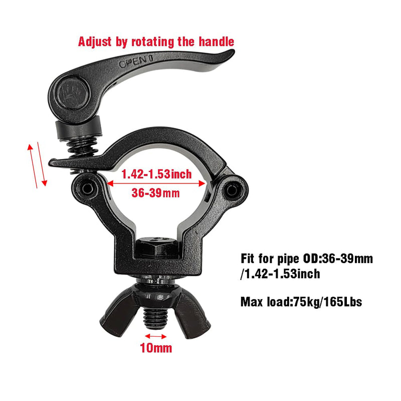 1.5inch Quick Release Stage Lighting Clamp Aluminum Alloy Heavy Duty 165lbs DJ Light Clamps Fit Pipe OD 36-39mm Black