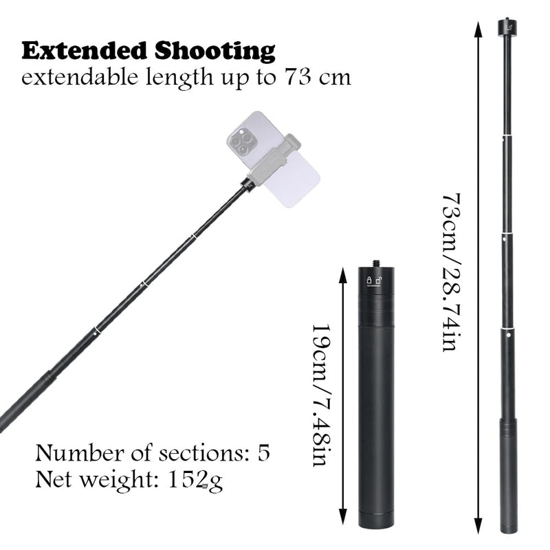 Extendable Selfie Stick Universal Invisible Selfie Stick Lightweight 19cm/7.48in to 73cm/28.74in Smartphone Gimbal Extension Pole for Camera Video Smartphone Travel