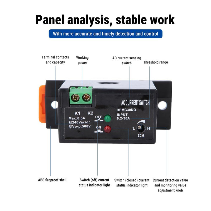 Uadme Adjustable Current Switch, Current Meter Switch AC 240V 0.2-30A, Normally Open Current Sensor Control Switch, for Industrial Automation Devices, Buzzer, Relay, Microcontroller