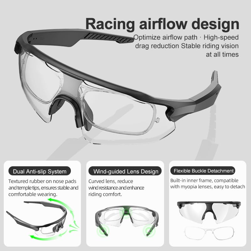 Polarized Bluetooth Sunglasses with Speaker for Running Cycling | Smart Glasses with Voice Control, Hands-Free Calls, UV400 Protection, Magnetic Charging, 6-8H Playtime for Men Women Sunglasses Half-rimmed