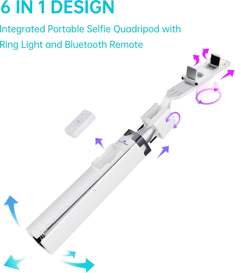 Ambertronix 40” Selfie Stick Tripod Quadrapod, Onboard Light, Wireless Bluetooth Remote, Extendable, Stainless Steel, 3 Light Modes, 9 Brightness Levels, Compatible with All iPhone & Android Devices Chrome