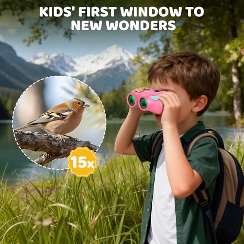 Aurosports 15x25 Compact Binoculars for Kids with Bird Guide Book, Pink
