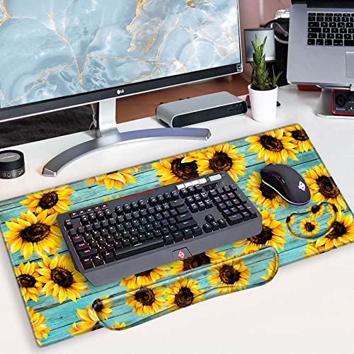 Keyboard Wrist Rest and Desk Mats On Top of Desks- Sunflower Desk Pad Wrist Rests for Keyboard and Mouse 31.5" x 15.75" Large Mouse Pad XXL Desk Organization Decor for Women Office Sunflower Teal