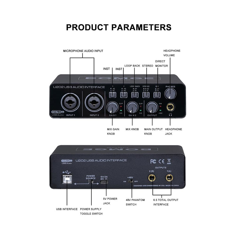 BOMGE U202 USB Audio Interface with Mic Preamplifier XLR/TSR/TS Ports,48V,32-Bit/192kHz Resolution fro computer recording,Streaming,Podcasting