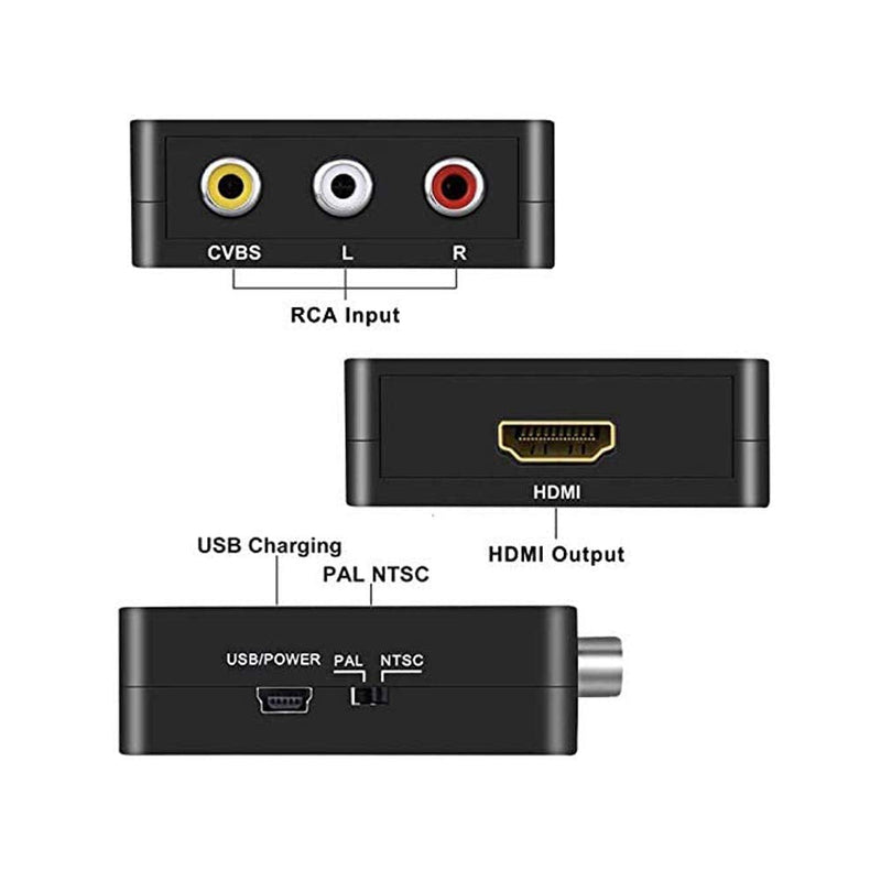 RCA to HDMI Converter,Mini Composite AV to HDMI Video Adapter Box for Smart TV/VCR/DVD/VHS Player/Roku/PS2 Game Console/N64/Wii,with USB Power Cable,Supporting PAL/NTSC Black