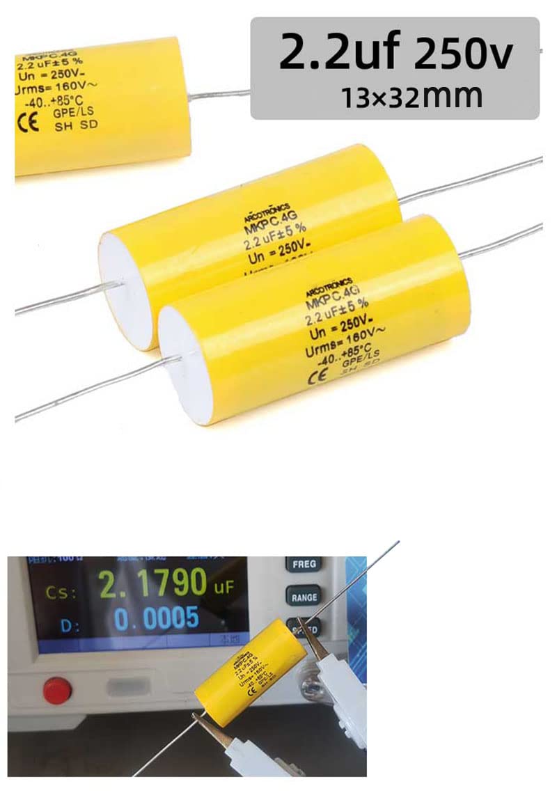 2pcs 2.2uF 250V Axial Audio Speaker Crossover stepless Film Capacitor 5% Audio Crossover Tweeter Precise Pairing 2.2uF 250V(2pcs)
