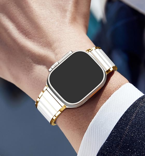 Stainless Steel Band for Apple Watch 11/10/9, Ultra 3, SE 3, Ceramic-Like | MaKTech No-Tool Link Removal Bracelet, 316L Deployment Clasp, for Apple Watch Series 11/10/9/8/7, Ultra 3/2/1, SE 3/2/1 42mm/41mm/40mm Gold