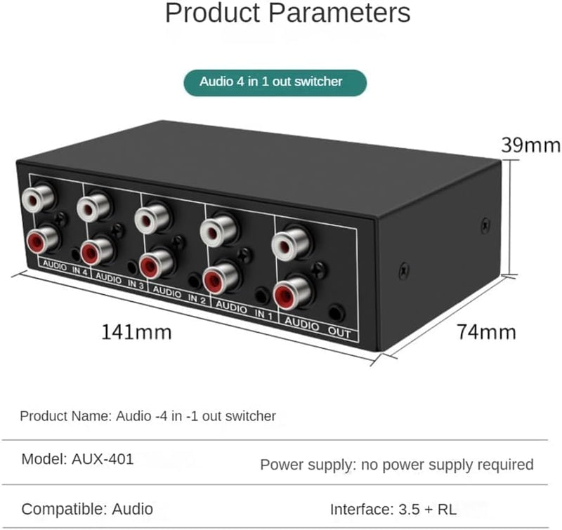 RCA AUX Audio Switcher 4 in 1 out, BolAAzuL Stereo Audio Selector 4X1 Passive 3.5mm Aux L/R RCA Audio Switch Box Analog Audio Selector