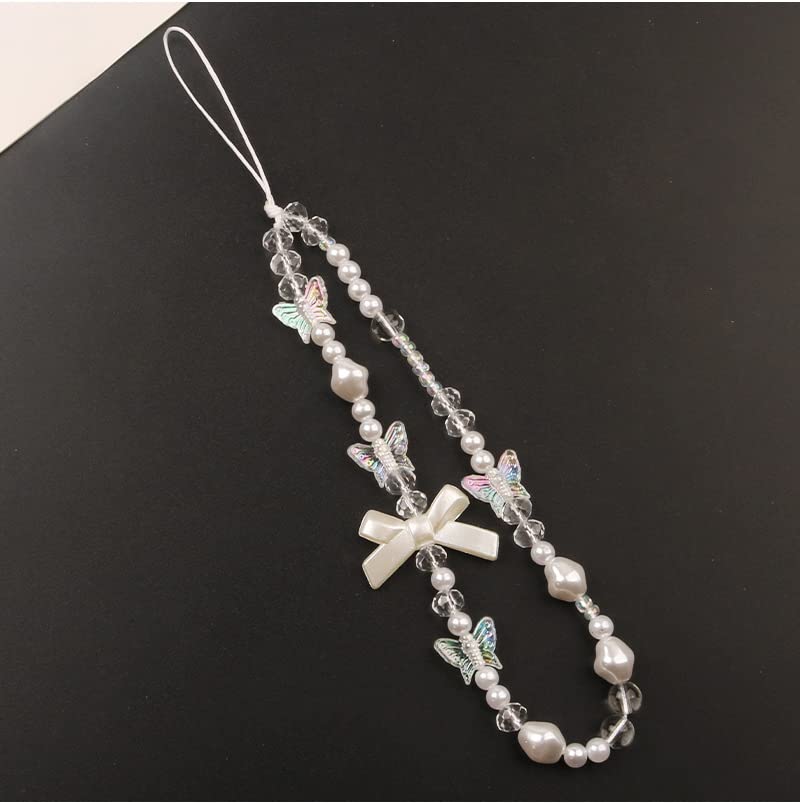 Cute Cell Phone Charms, Creative Bows Pearl Beaded Phone Lanyard Wrist Strap, Beaded Phone Strap Charms Anti-Lost Chain Keyring Charms Camera Wallet Decoration Pendant, Style 1… Style 2