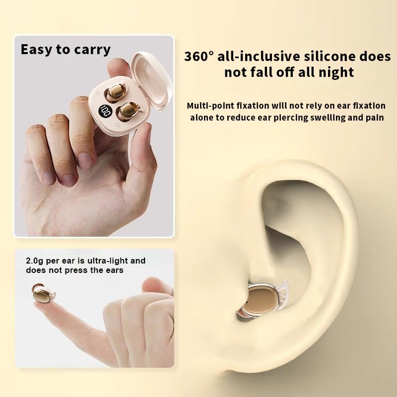 Mini Sleep Earbuds for Side Sleepers, Wireless Bluetooth Earphones | Ultra Lightweight, Noise Masking for Deep Sleep, Comfortable Invisible Open Ear Design (Beige) Beige