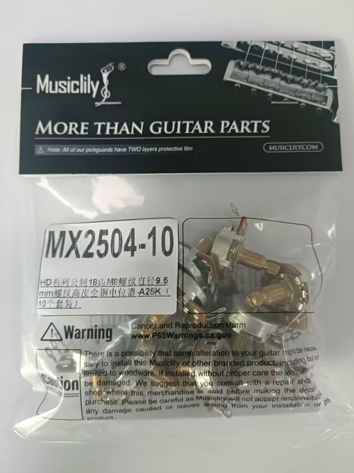 [AUSTRALIA] - Musiclily Pro HD A25K Pots Brass Metric Split Standard Shaft 9.5mm Audio Taper Potentiometers for Active Pickups Electric Guitar Bass (Set of 10) A25K 9.5mm 