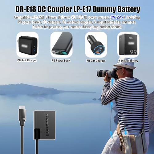 USB C Charger Block DR-E18 DC Coupler Cable, Replace LP-E17 Dummy Battery ACK-E18 AC Power Adapter, Compatible with Canon EOS RP R50 R100 R8 R10 77D 200D 750D 800D 8000D...