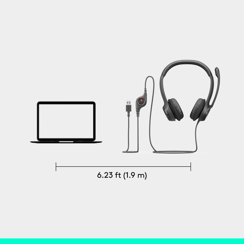 Logitech H390 Wired Headset for PC/Laptop, Stereo Headphones with Noise Cancelling Microphone, USB-A, in-Line Controls, Works with Chromebook - Black 1 Pack