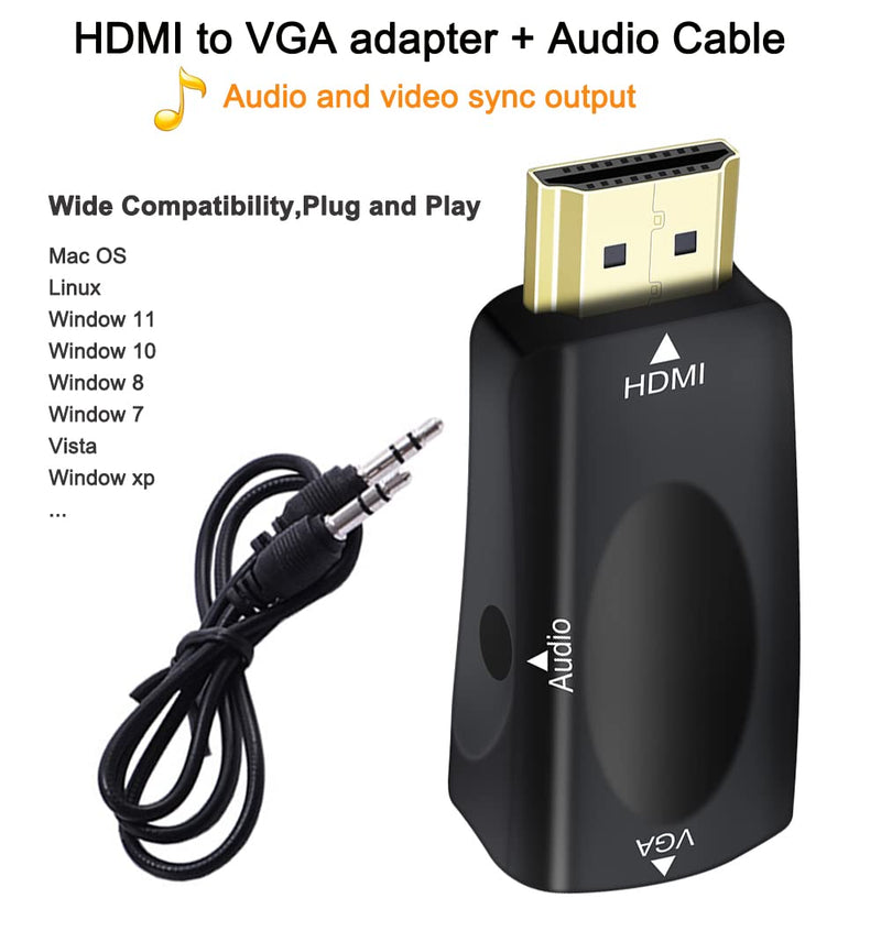 DTECH HDMI to VGA Adapter with 3.5mm Audio Jack for Computer Monitor Laptop Raspberry Pi PS3 Xbox DVD TV LCD Display 1080P Full HD Video (Male HDMI Input and Female VGA Output)