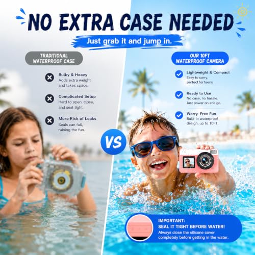 10FT Underwater Camera 4K 48MP Waterproof Digital Camera for Teens Pink