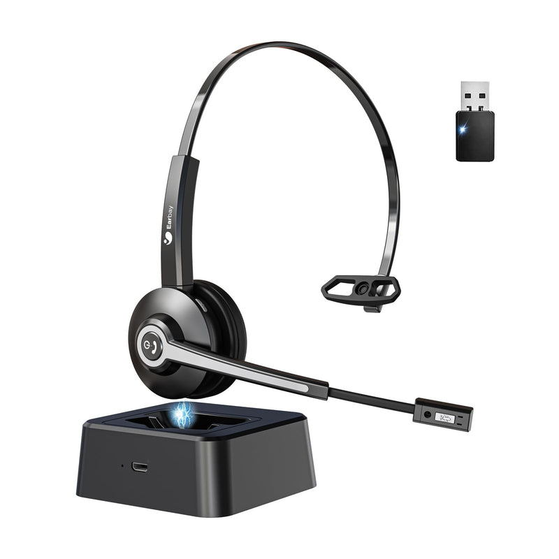 [AUSTRALIA] - Earbay Trucker Bluetooth Headset, Wireless Headphones with Microphone Mute & USB Dongle, Wireless Headset with Mic for Work Noise Canceling & Charing Base for Work/PC Computer/Phones/Office/Meeting Black 