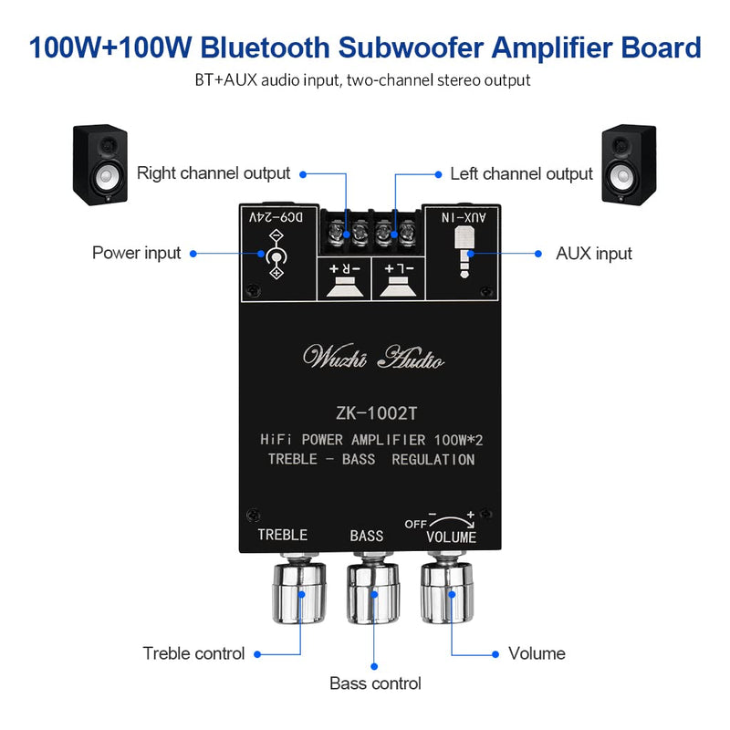 ZK-1002T Bluetooth 5.0 Amplifier Board 2.0 200W HiFi Subwoofer Audio AMP with Treble and Bass Control BT and AUX Inputs, DC 9-24V 2.0 Channel Stereo AMP Module for DIY Speakers, Password Free Black3 ZK-1002T