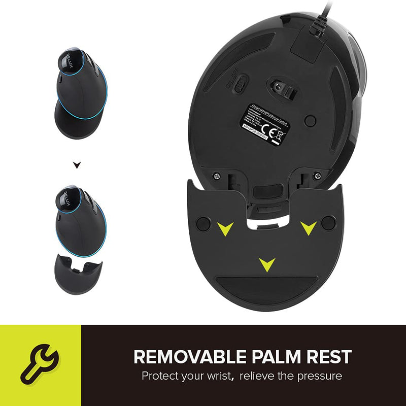 DELUX Wired Ergonomic Mouse with 7200DPI, Vertical Mouse Large with 6 Programmble Buttons, Blue LED Light, On-Board Software and Removable Palm Rest for PC Computer Laptop(M618PU-Black) Black