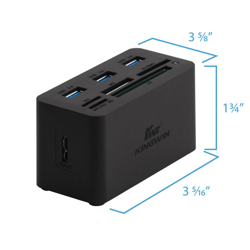 Kingwin USB HUB Adapter w/ Memory Card Reader Writer & USB 3.0 HUB Combo - Supports High Speed SD MS Micro M2 CF Card Reader For Macbook, Laptop, Desktop - Includes USB Cable 5 Gbps Speed, Black