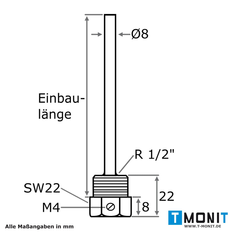 Tmonit - Immersion Sleeve Nickel-Plated Brass | 1/2 Inch | 100 mm Installation Length | for Temperature Sensor, Cable Sensor Heating